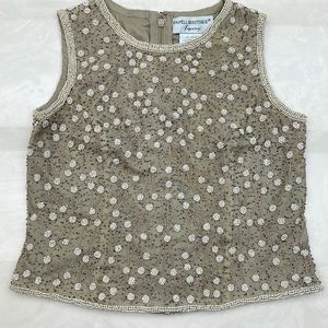 Papell Boutique Silk Pearl Sleeveless Tank Top Blouse Tan & Cream 2P